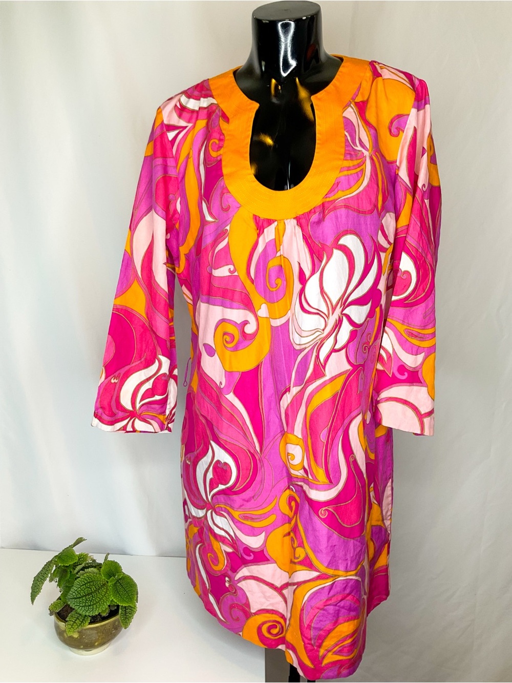 TRINA TURK X BR Pink & Yellow Swirl Print Silk Blend Women's Tunic Dress